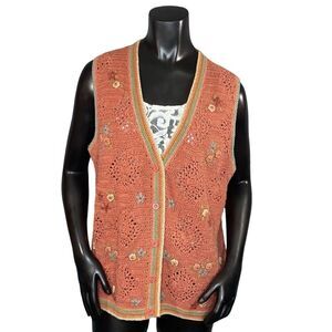 Northern Isles Portraits Hand Knit Vintage Vest Womens Size XL Floral Crocheted